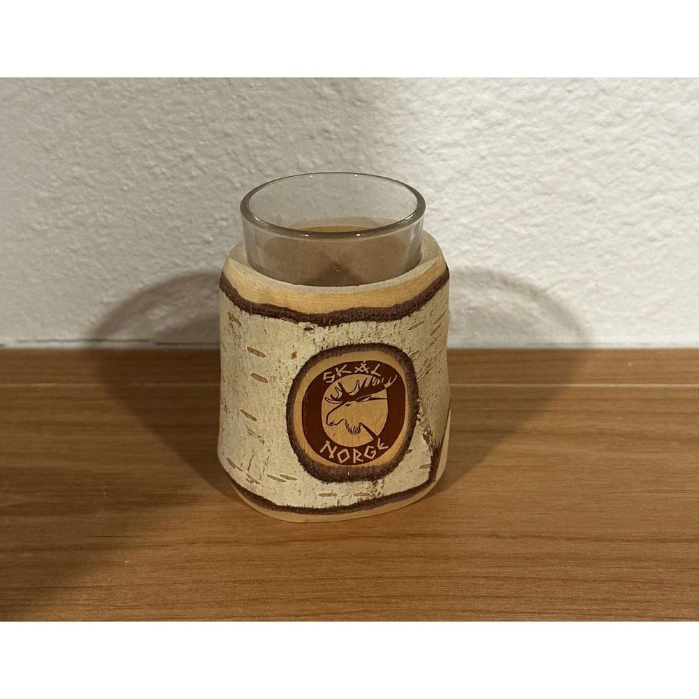 Norwegian Shot Glass with Wooden Glass Holder NWT